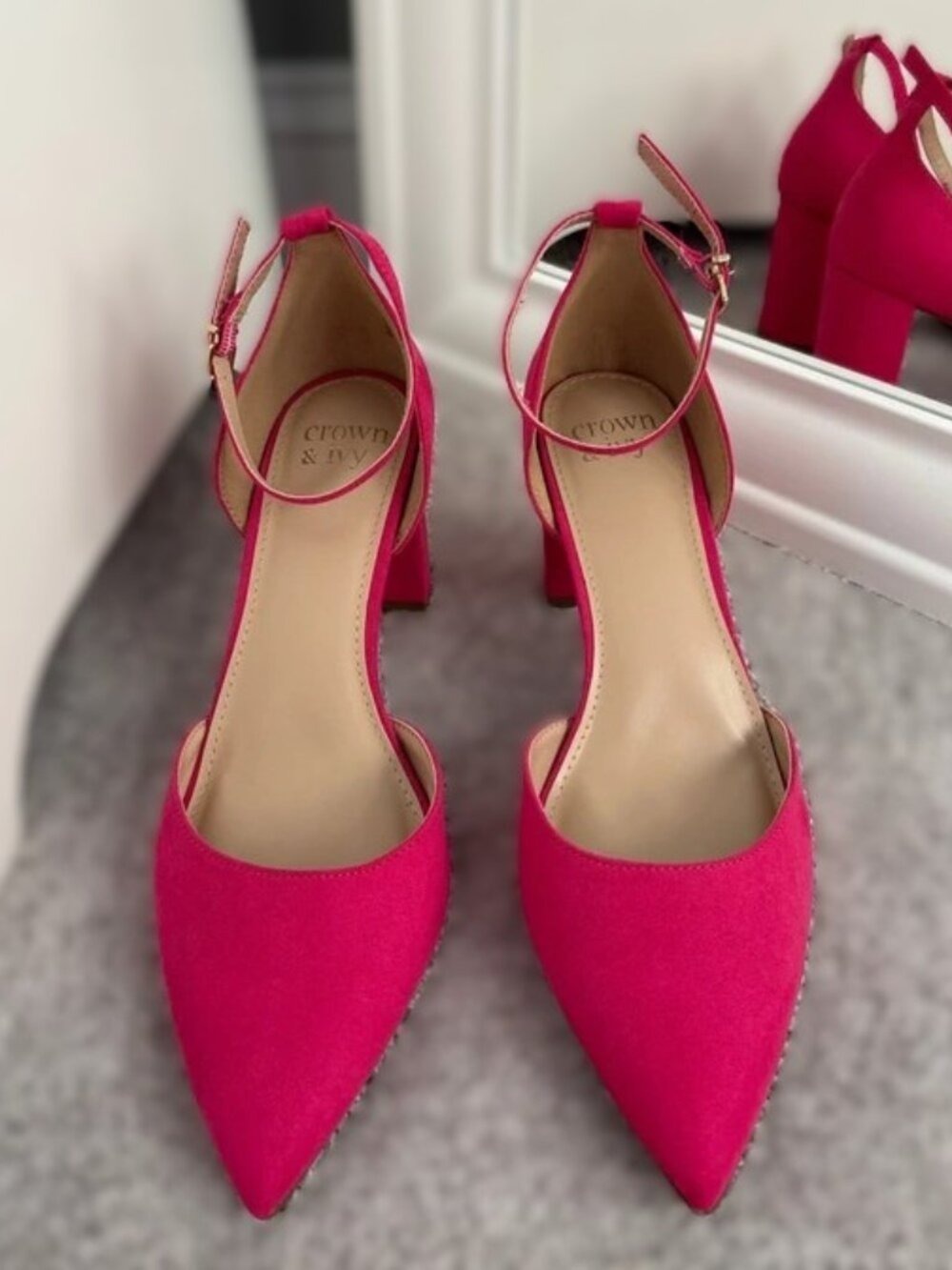 Crown & Ivy Hot Pink Suede Pointed Toe Heels Ankle Strap Size 9 NWT